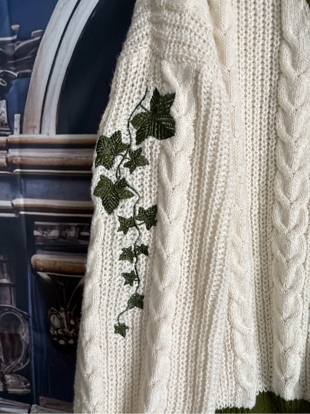 T.S. Evermore Cream Cable Knit Cardigan with Olive Trim - Picture 5 of 7